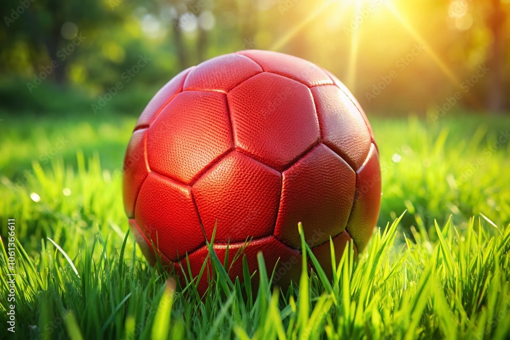 Fototapeta premium Close-Up of a Vibrant Red Football on Lush Green Grass – Perfect for Sports, Football, and Outdoor Photography Enthusiasts