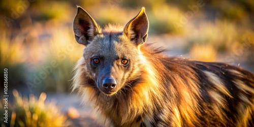 Close-Up of a Brown Hyena in Kgalagadi Transfrontier Park, South Africa: Wildlife Documentary Photography of Parahyaena brunnea Hunting Behavior photo