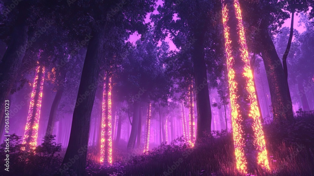 Ethereal Forest with Glowing Tree Trunks Ethereal Forest with Glowing Tree Trunks