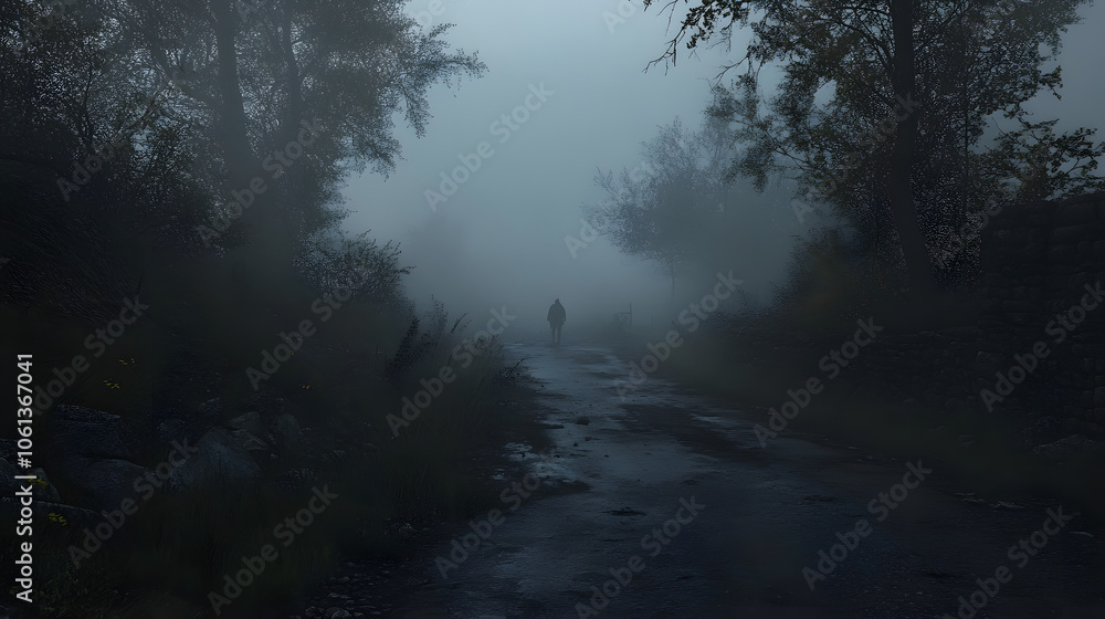 Fototapeta premium A desolate road surrounded by fog, with dark figures barely visible in the distance.