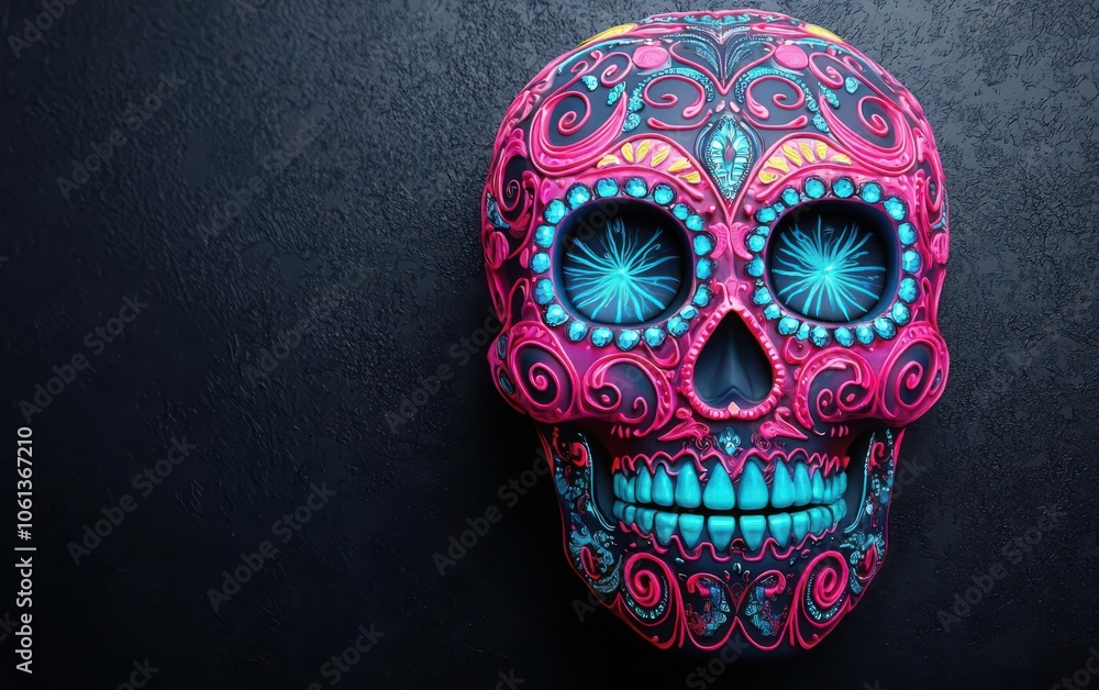 Bright glowing sugar skull with intricate swirls, neon pink and blue, dark background Bright glowing sugar skull with intricate swirls, neon pink and blue, dark background