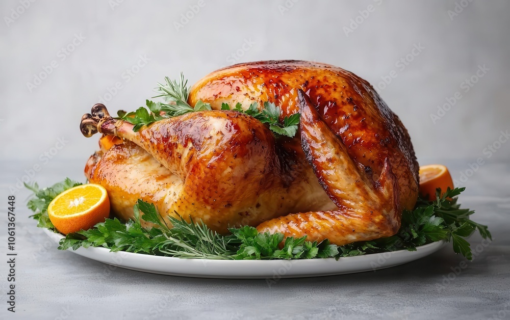 Goldenbrown roasted turkey garnished with fresh herbs and oranges, set on a modern minimalist table, Thanksgiving turkey, minimalist holiday feast Goldenbrown roasted turkey garnished with fresh herbs and oranges, set on a modern minimalist table, Thanksgiving turkey, minimalist holiday feast