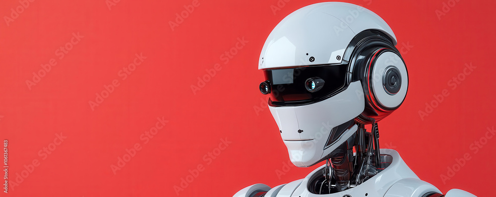 Humanoid robot, vibrant red backdrop, 3D illustration Humanoid robot, vibrant red backdrop, 3D illustration