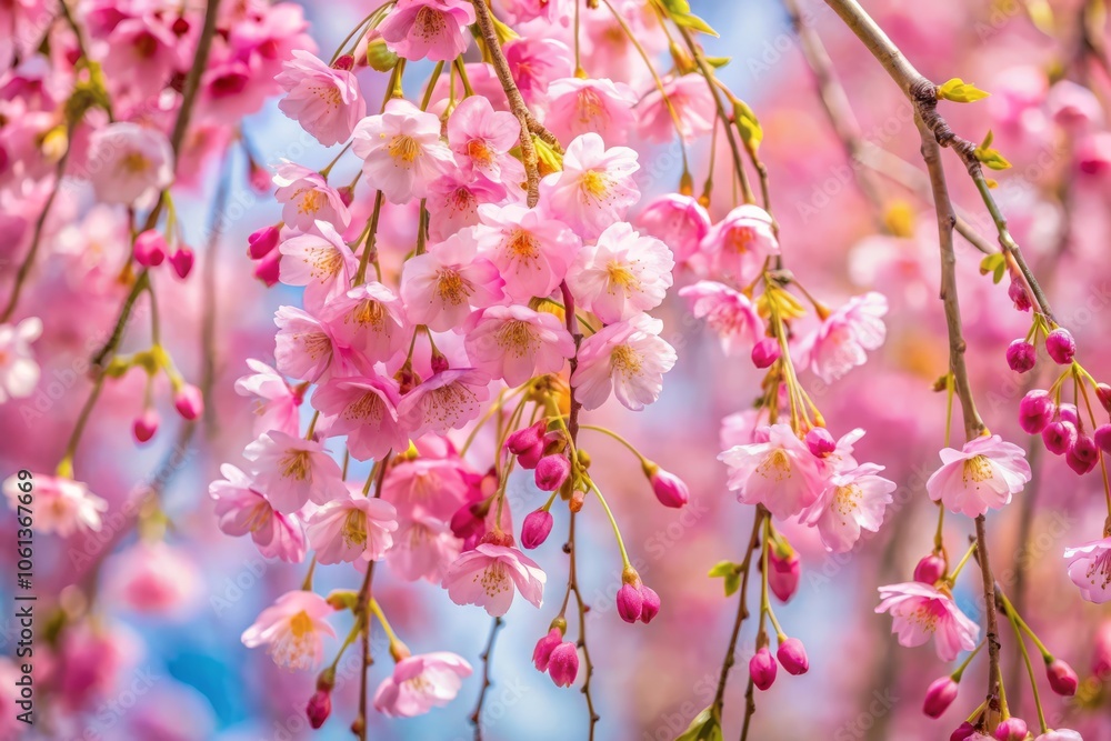 Obraz premium Close Up of Blooming Weeping Cherry Tree Flowers in Spring - Beautiful Petals, Delicate Branches, Nature's Beauty, Floral Photography, Springtime, Blossom Closeup