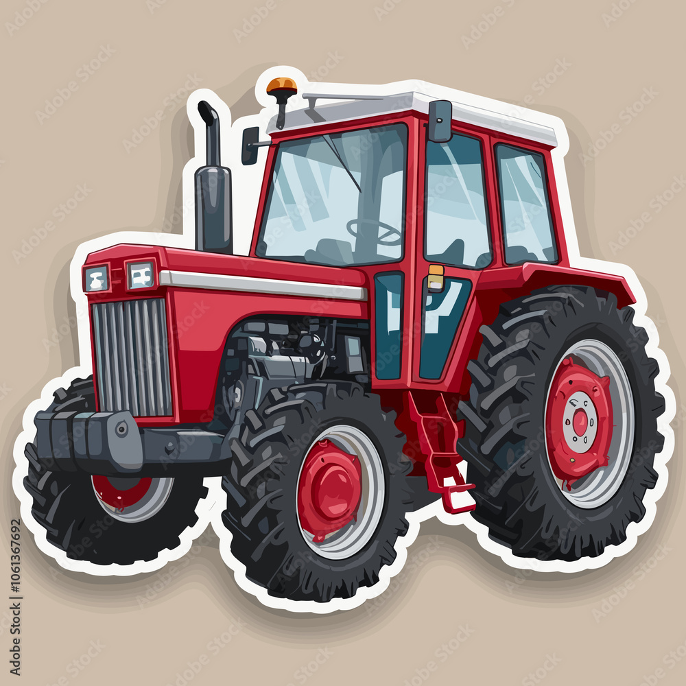Obraz premium A vibrant red tractor parked on a rustic farm ready for a day's work in the sun during summer