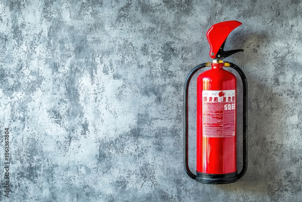 Obraz premium A red fire extinguisher mounted on a textured gray wall, serving as a safety device for fire emergencies.