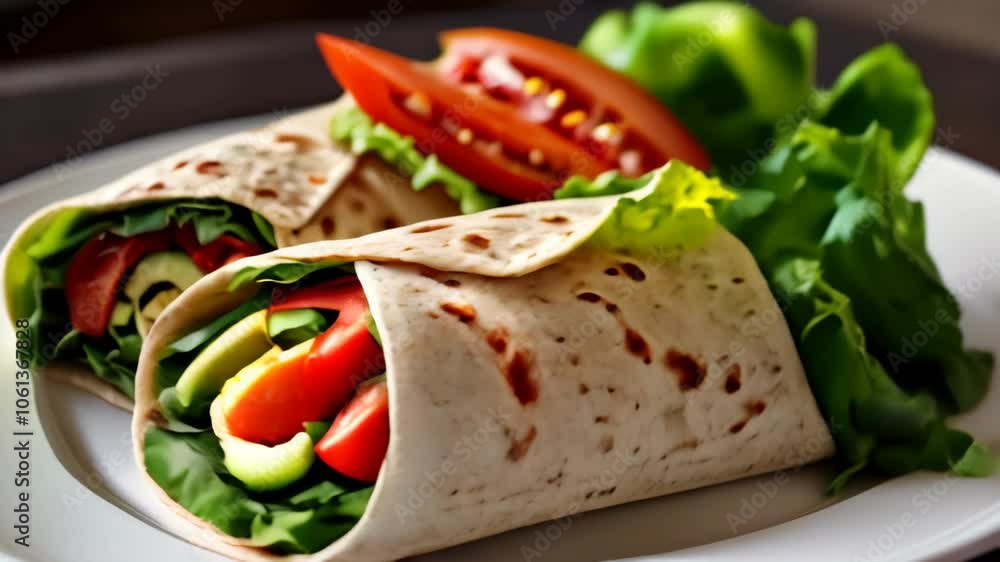 Healthy Vegetable Wraps Served on a Plate. Packed with Leafy Greens and Tomatoes Healthy Vegetable Wraps Served on a Plate. Packed with Leafy Greens and Tomatoes