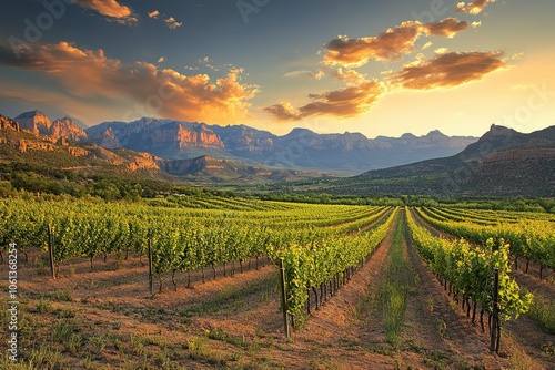 A stunning sunset over a vineyard with mountains in the distance.