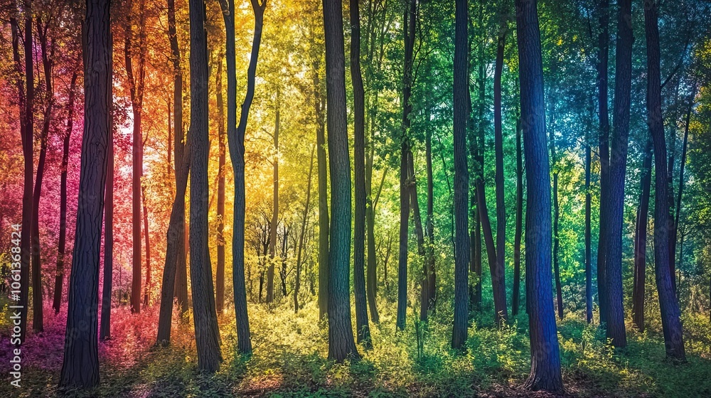 Fototapeta premium A Rainbow of Trees in a Sun-Dappled Forest