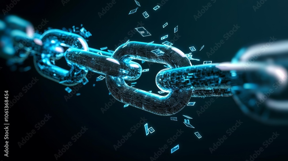 Glowing digital chains breaking apart with data spilling from each link, cybersecurity failure, data vulnerability Glowing digital chains breaking apart with data spilling from each link, cybersecurity failure, data vulnerability