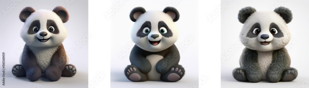 Three cartoon pandas sit with paws crossed and smiling.