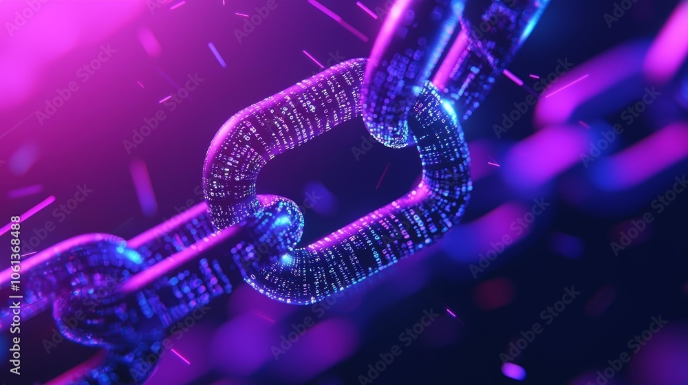 Glowing digital chains breaking apart with data spilling from each link, cybersecurity failure, data vulnerability Glowing digital chains breaking apart with data spilling from each link, cybersecurity failure, data vulnerability