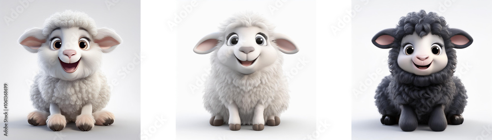 Fototapeta premium Three cartoon lambs, one white, one gray, and one black, sitting and smiling, isolated on white background.