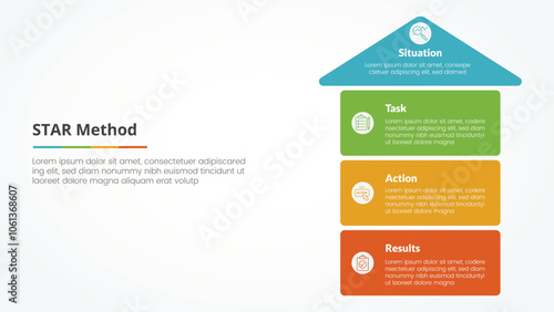 STAR method infographic concept for slide presentation with arrow top direction and box stack structure with 4 point list with flat style