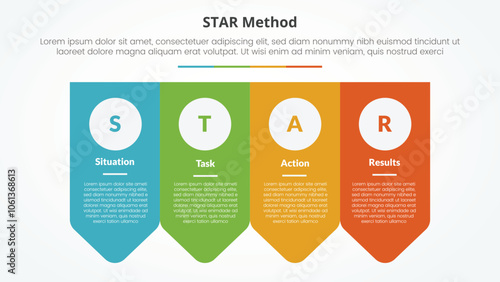 STAR method infographic concept for slide presentation with arrow badge shape bottom direction with 4 point list with flat style