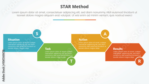 STAR method infographic concept for slide presentation with arrow shape right direction up and down with 4 point list with flat style