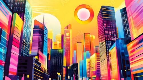 Vibrant Retro Futuristic City Skyline Depicting Mood Altering Productivity Booster Advertisement
