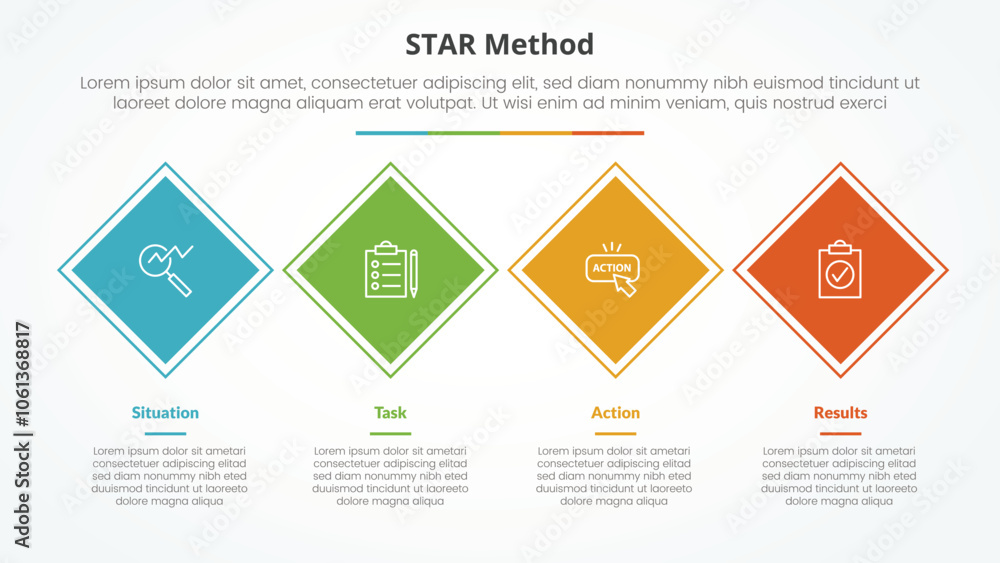 STAR method infographic concept for slide presentation with rotated square or diamond shape horizontal direction with 4 point list with flat style STAR method infographic concept for slide presentation with rotated square or diamond shape horizontal direction with 4 point list with flat style