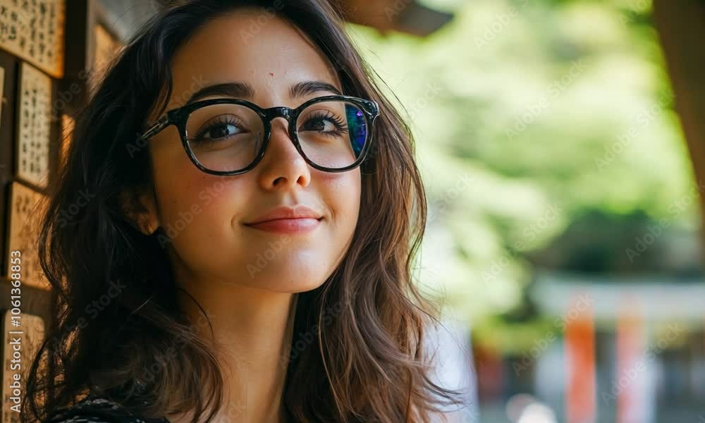 Portrait of a beautiful hispanic woman in glasses at japan's iconic meiji temple, affectionately admiring the japanese wooden ema prayer boards and soaking in the rich traditional culture Portrait of a beautiful hispanic woman in glasses at japan's iconic meiji temple, affectionately admiring the japanese wooden ema prayer boards and soaking in the rich traditional culture