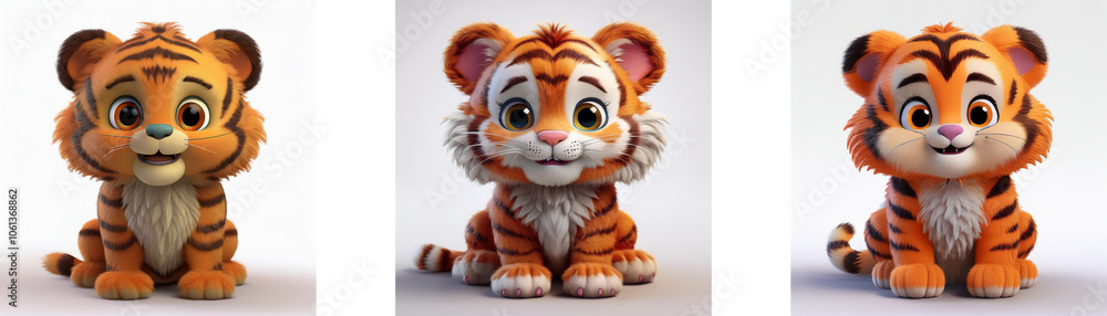 Three cartoon baby tigers sitting in a row, looking towards the viewer, isolated on white background. Three cartoon baby tigers sitting in a row, looking towards the viewer, isolated on white background.