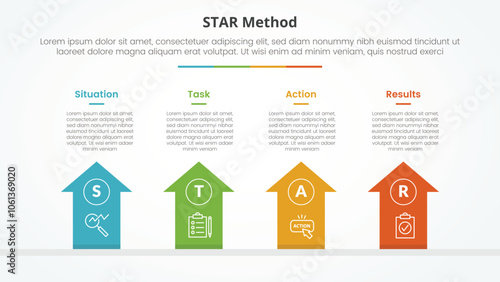 STAR method infographic concept for slide presentation with arrows top direction with 4 point list with flat style