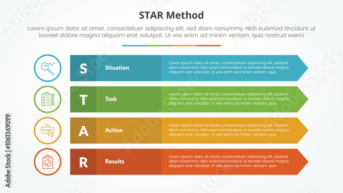 STAR method infographic concept for slide presentation with long rectangle with arrow edge with 4 point list with flat style