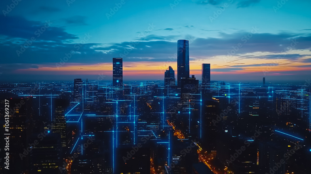 Fototapeta premium Smart digital city with connection cyber security network reciprocity over the cityscape . future smart wireless digital city and social media networking systems that connects people within the city