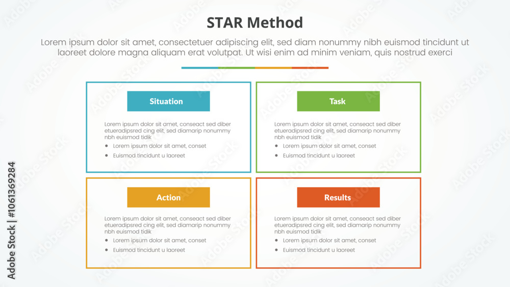 STAR method infographic concept for slide presentation with big box outline on matrix structure with 4 point list with flat style