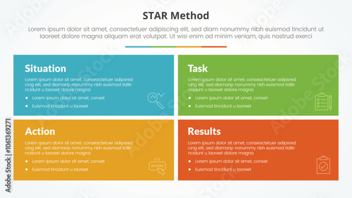 STAR method infographic concept for slide presentation with big rectangle box with matrix structure with 4 point list with flat style