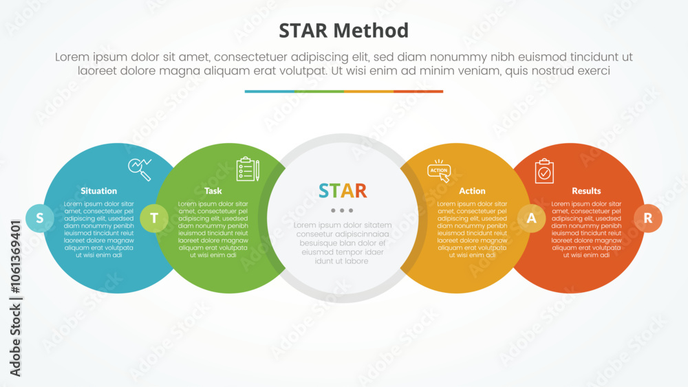 STAR method infographic concept for slide presentation with big circle horizontal right direction with badge center with 4 point list with flat style STAR method infographic concept for slide presentation with big circle horizontal right direction with badge center with 4 point list with flat style