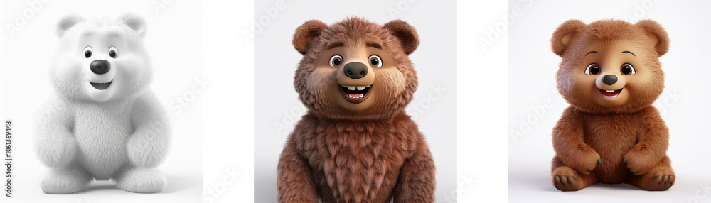 Three cartoon bears, one white, one brown, and one dark brown, sitting facing forward, isolated on white background. Three cartoon bears, one white, one brown, and one dark brown, sitting facing forward, isolated on white background.
