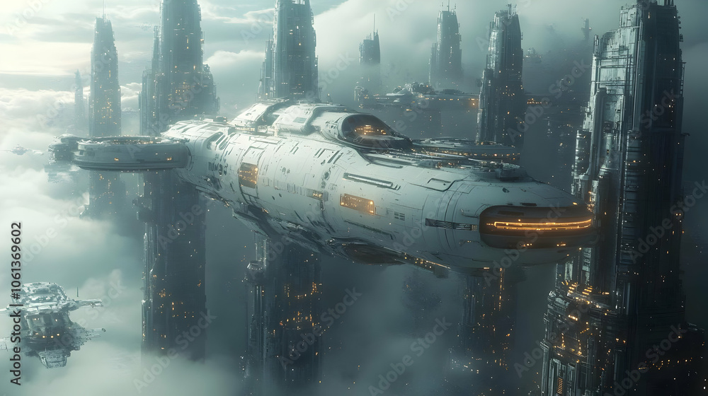 Futuristic Spaceship Flying Over Cityscape 3D Illustration Futuristic Spaceship Flying Over Cityscape 3D Illustration