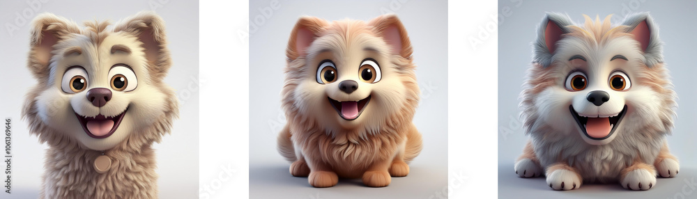 Three cartoon dogs with different fur colors and styles, sitting on a white background. Three cartoon dogs with different fur colors and styles, sitting on a white background.