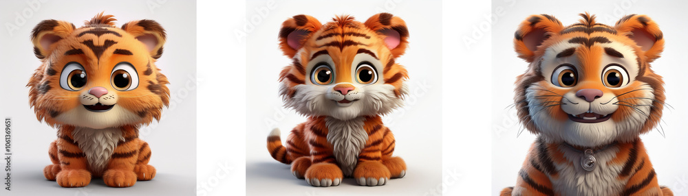 Fototapeta premium Three cartoon tiger cubs with orange and black stripes are sitting on their haunches looking at the viewer. The tiger cubs have large eyes, small noses, and a cheerful expression. They are isolated on