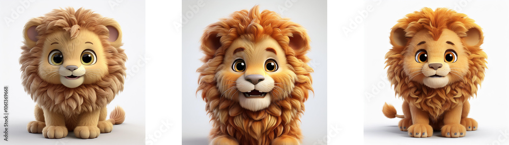 Three cartoon lion cubs are sitting down with fluffy brown fur and large brown eyes, isolated on white background. Three cartoon lion cubs are sitting down with fluffy brown fur and large brown eyes, isolated on white background.