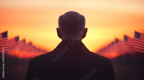 Silhouette of Man at Sunset with American Flags