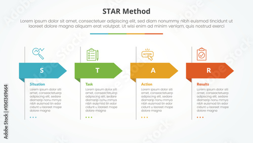 STAR method infographic concept for slide presentation with big header arrow shape with 4 point list with flat style