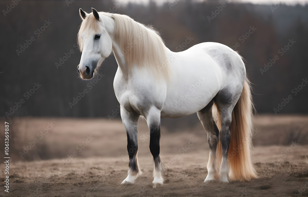 Fototapeta premium A close-up portrait of a horse. The horse's expressive eyes and strong features are highlighted against a blurred background, creating a serene and captivating image.