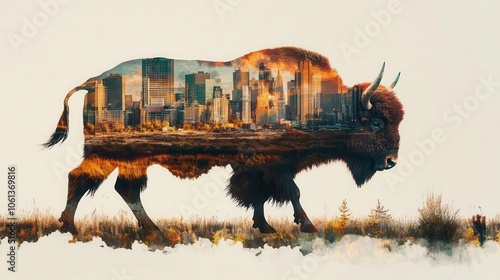 Bison silhouette, city skyline across plains, double exposure, urban expansion, wide open city photo