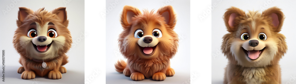 Three cartoon dogs with brown fur, big eyes, and happy expressions, isolated on white background. Three cartoon dogs with brown fur, big eyes, and happy expressions, isolated on white background.