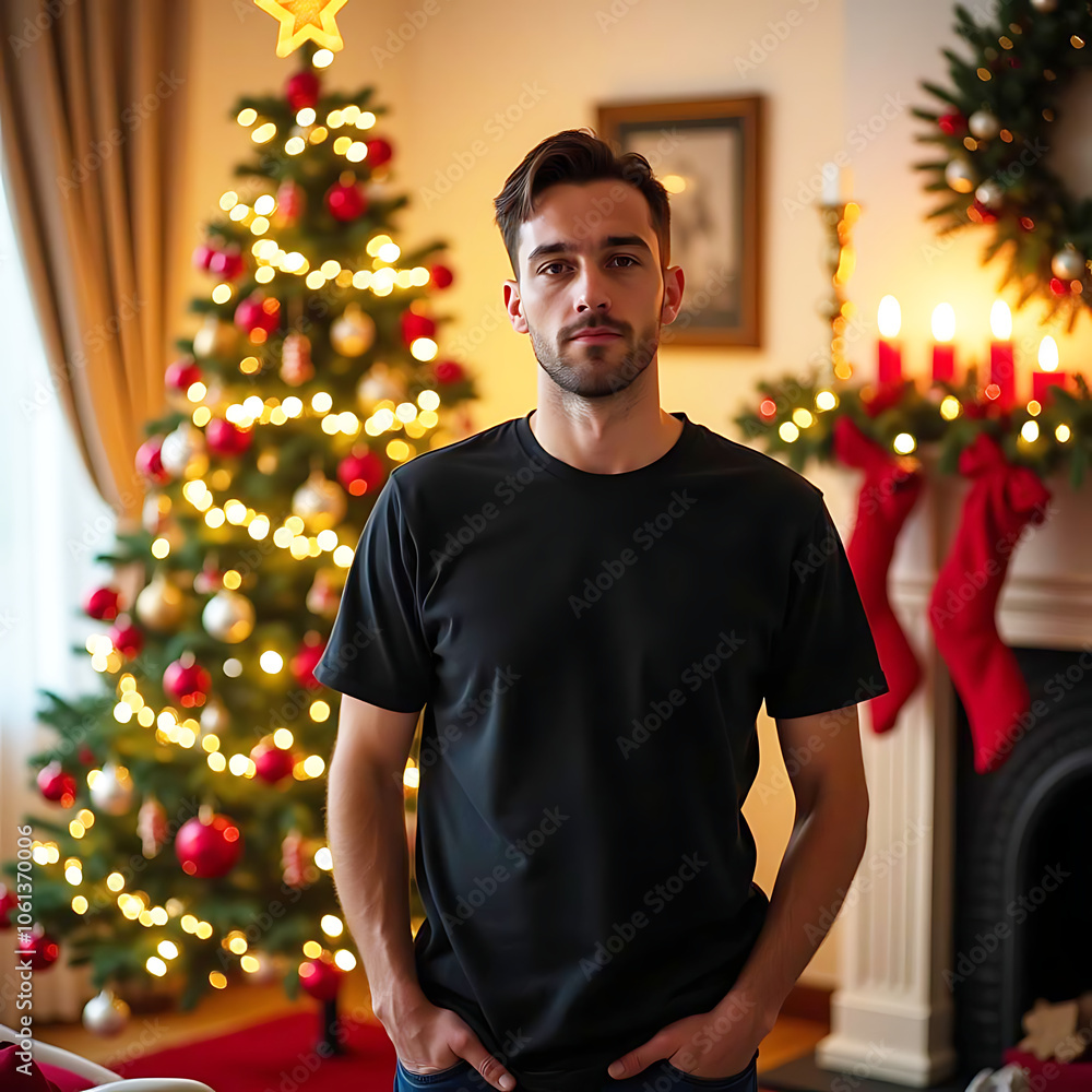 Men's Black t-shirt mockup template with Christmas theme background. Men's Black t-shirt mockup template with Christmas theme background.
