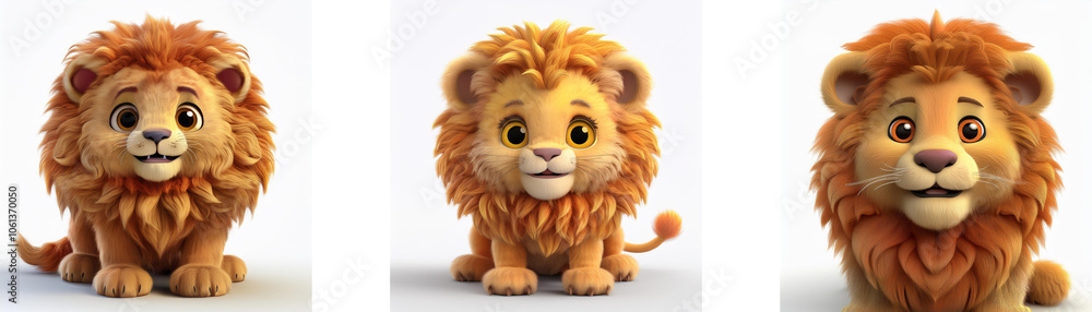 Three cartoon lion cubs in different poses, isolated on white background. Three cartoon lion cubs in different poses, isolated on white background.