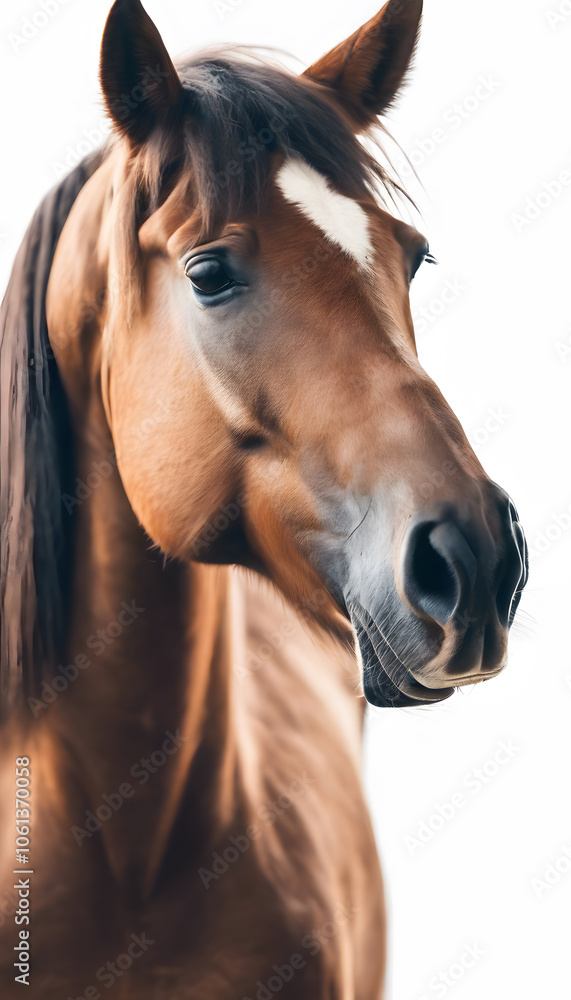 Obraz premium A close-up portrait of a horse. The horse's expressive eyes and strong features are highlighted against a blurred background, creating a serene and captivating image.
