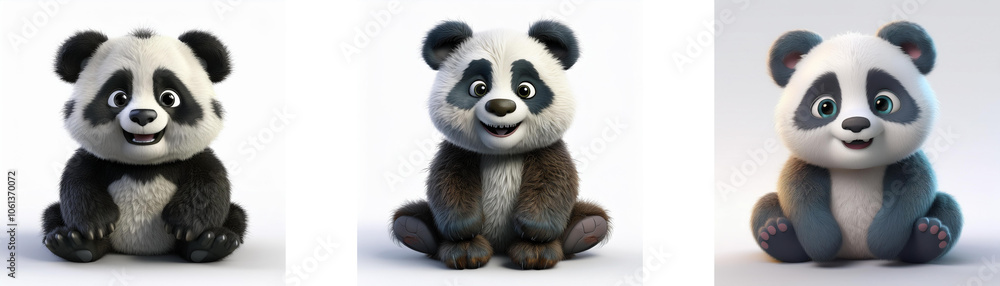Fototapeta premium Three cartoon baby pandas, each in different colour variations, sitting and smiling, isolated on white background.