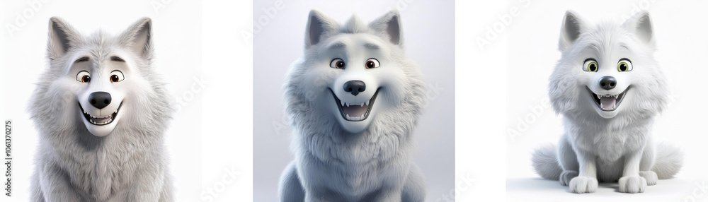Three white cartoon wolves with happy expressions, isolated on white background. Three white cartoon wolves with happy expressions, isolated on white background.