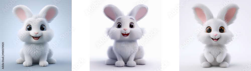Obraz premium Three cute white bunnies sitting on a white background.