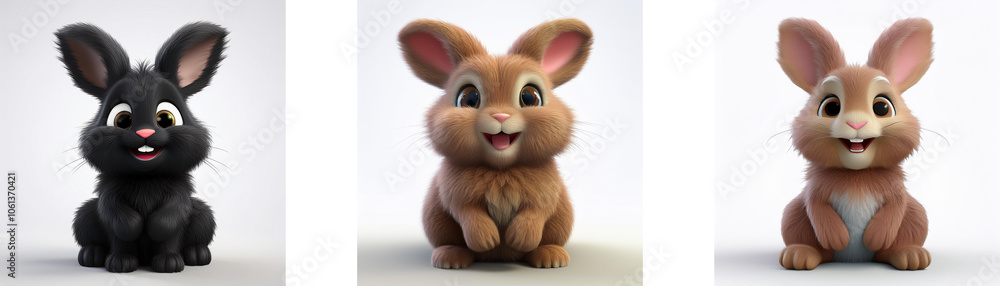 Three cartoon rabbits sitting and facing the camera. The rabbits are black, brown, and brown with a white spot on their chest. They are isolated on a white background. Three cartoon rabbits sitting and facing the camera. The rabbits are black, brown, and brown with a white spot on their chest. They are isolated on a white background.