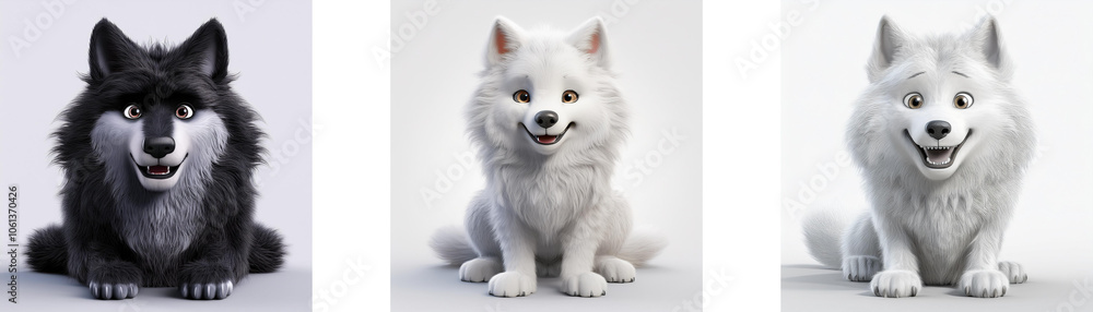 Obraz premium Three cartoon wolves, one black, two white, sitting on a white background.