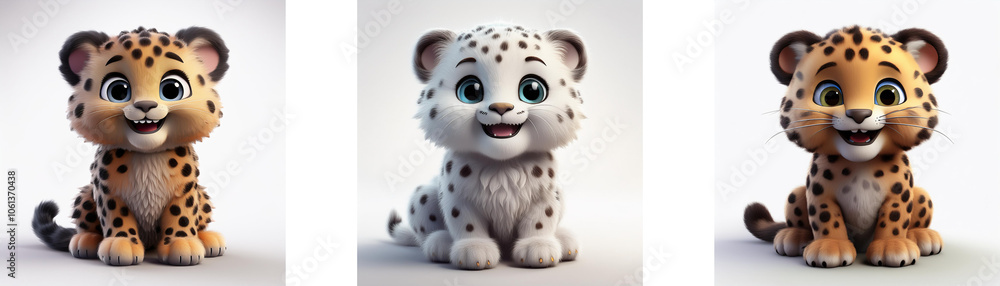 Three cartoon baby leopards in different color variations sitting on white background. Three cartoon baby leopards in different color variations sitting on white background.