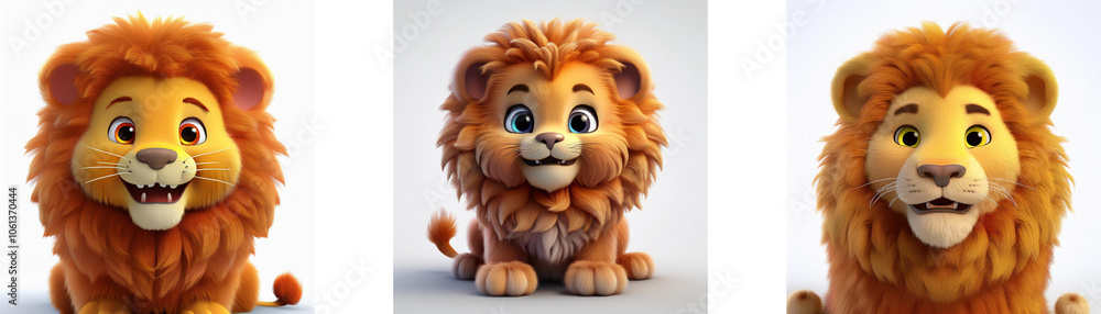 Three cartoon lion cubs with orange fur are sitting and looking at the camera, isolated on a white background. Three cartoon lion cubs with orange fur are sitting and looking at the camera, isolated on a white background.
